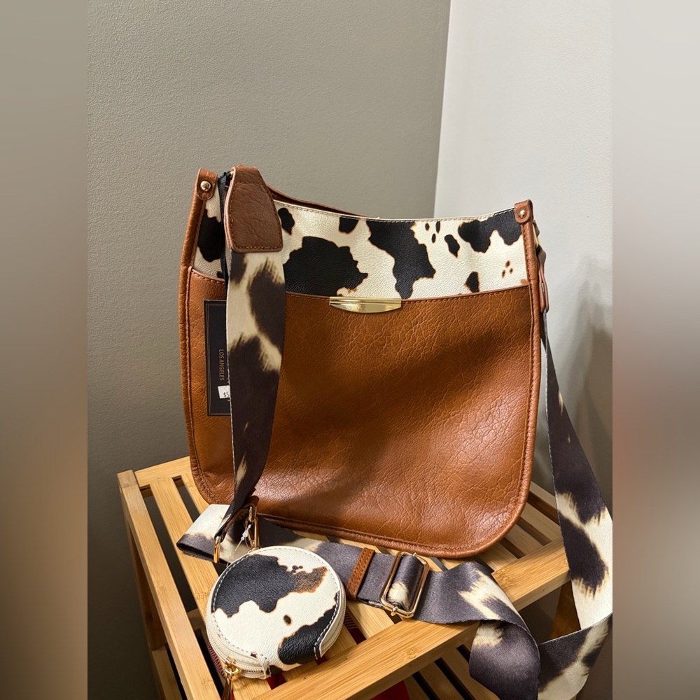 Brown Cowhide-Accent Crossbody Bag with Adjustable Strap